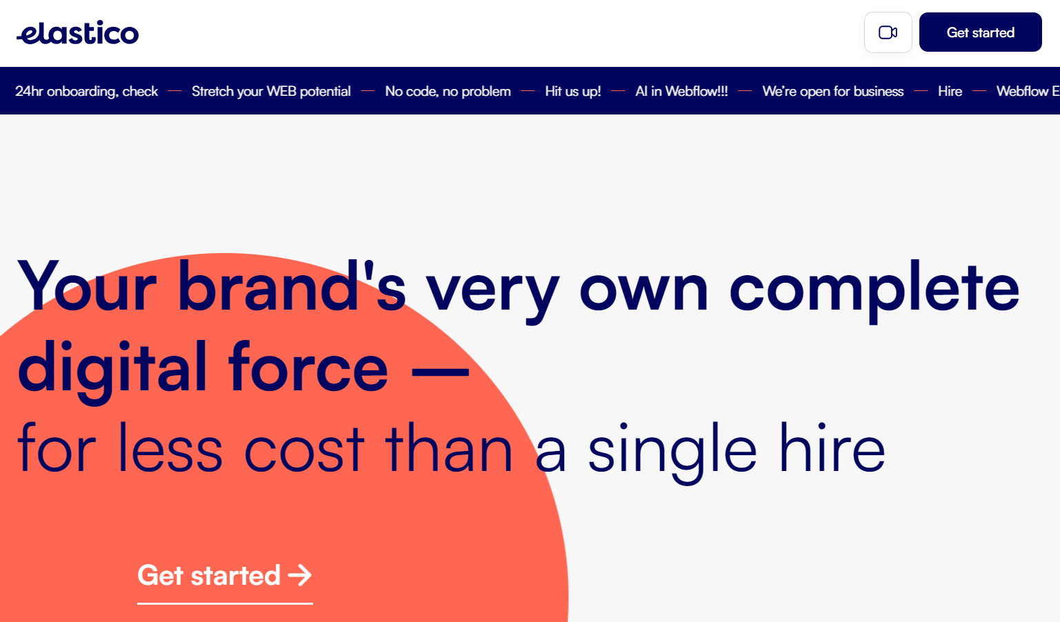 Elastico homepage with all text in the Satoshi typeface, including the headline “Your brand’s very own complete digital force — for less cost than a single hire.”