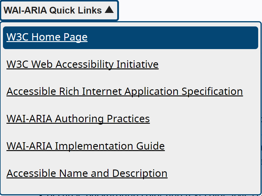 A screenshot of an expanded navigation menu that says “WAI-ARIA Quick Links” with an arrow pointing down, showing a drop-down menu with a series of links.