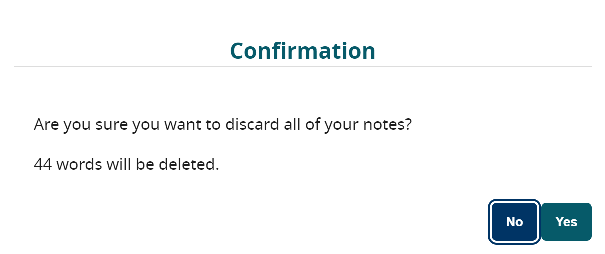 A screenshot of an alert dialog with a “Confirmation” heading followed by text that says “Are you sure you want to discard all of your notes? 44 words will be deleted.”