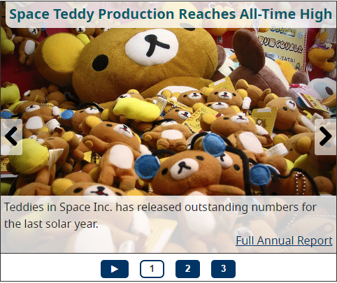 A screenshot of a rotating image carousel showing a pile of plush teddy bears, titled “Space Teddy Production Reaches All-Time High,” with a play button on the bottom-left and clickable number tabs centered on the bottom.