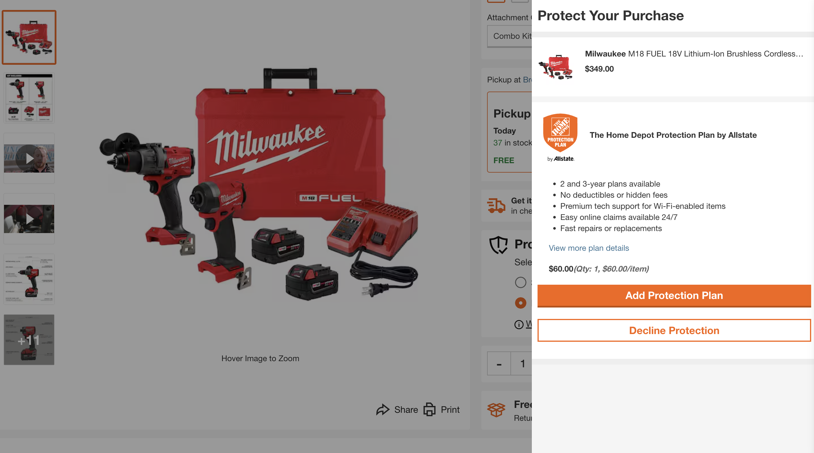 This popup from the Home Depot website occupies the right side of the screen and offers consumers a protection plan.