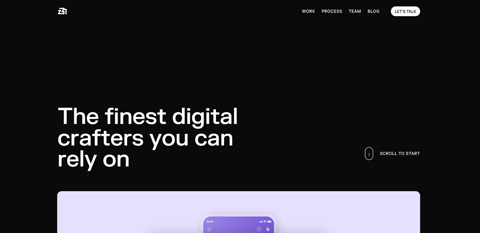 A screenshot of Z1 Digital Studio’s website on desktop. It has a dark background with the text “The finest digital crafters you can rely on” and a video montage.