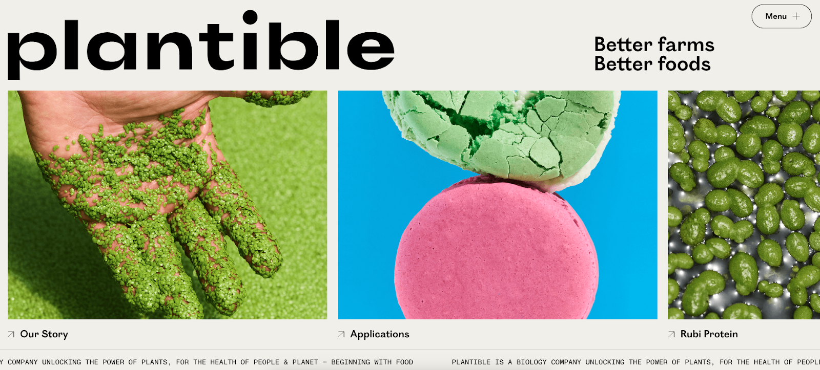 Plantible’s website header on desktop shows the Plantible logo, the company slogan, and colorful thumbnails.