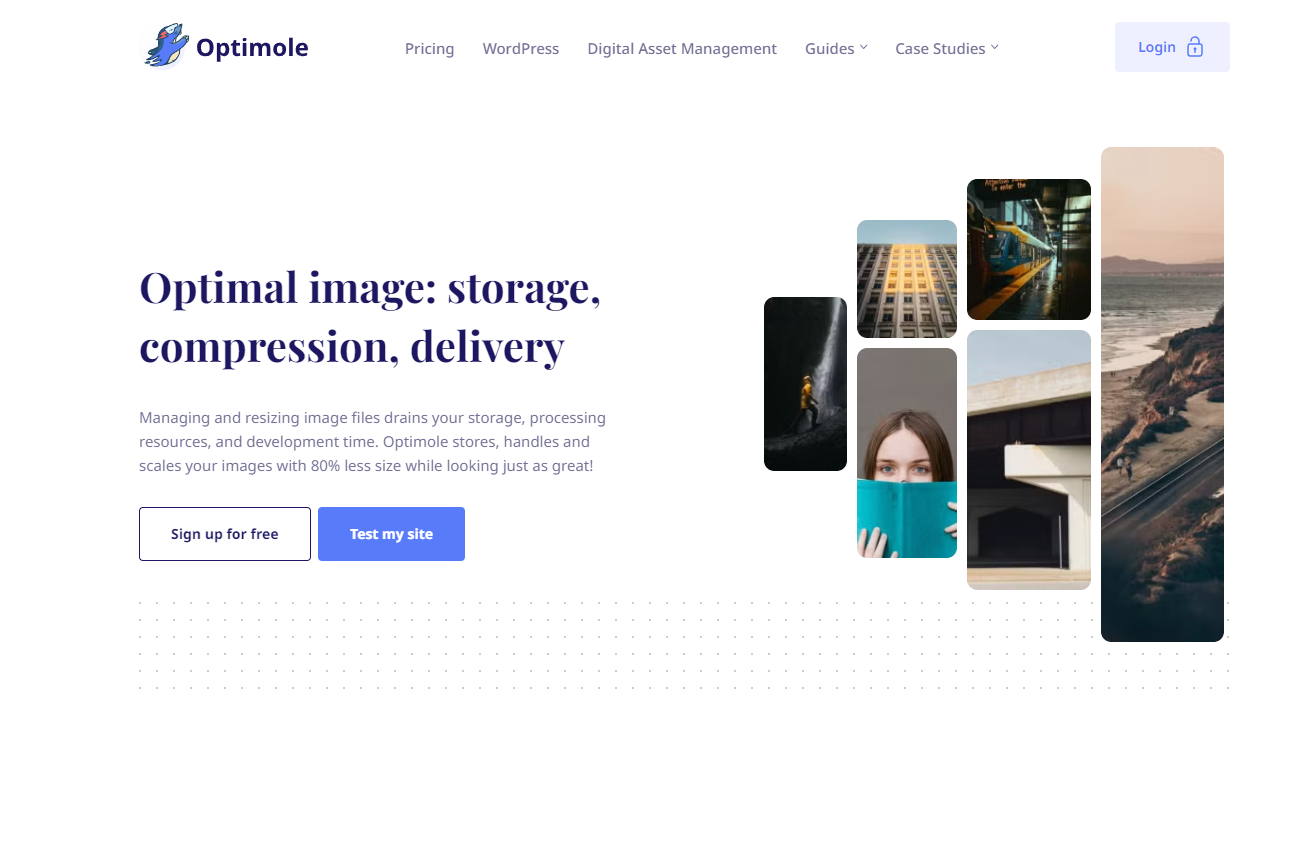 The Optimole homepage features a small image gallery on the right and a headline on the left that reads, “Optimal image: storage, compression, delivery.”