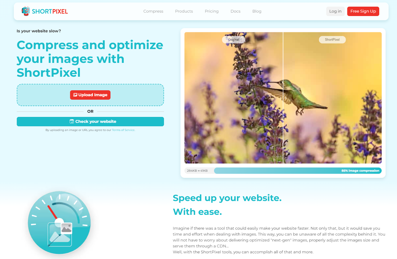 The ShortPixel homepage offers a free web tool to compress and optimize images. Alongside the upload field is an image comparing an original image to its compressed counterpart.