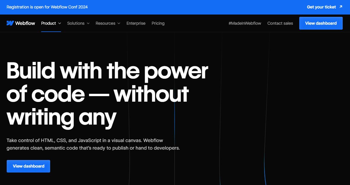 The Webflow homepage features a bold headline that reads, “Build with the power of code — without writing any.”