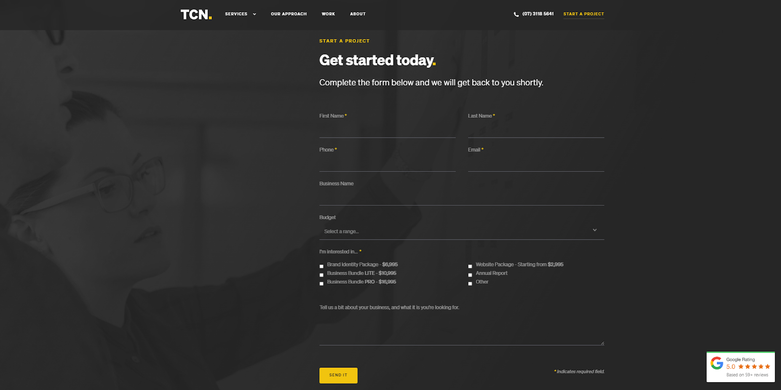 This TCN form provides fields for everything from the reader’s name and contact info to their budget and goals. At the end is a bright yellow button that reads, “Send it.”