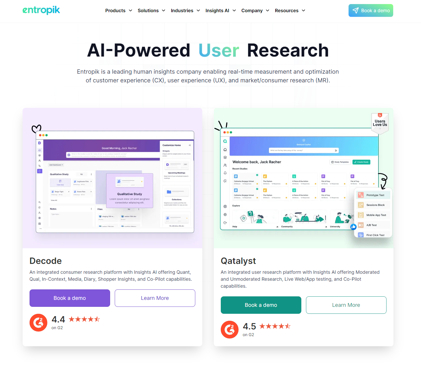 The Entropik homepage features two equal-sized squares side by side that describe different platforms.