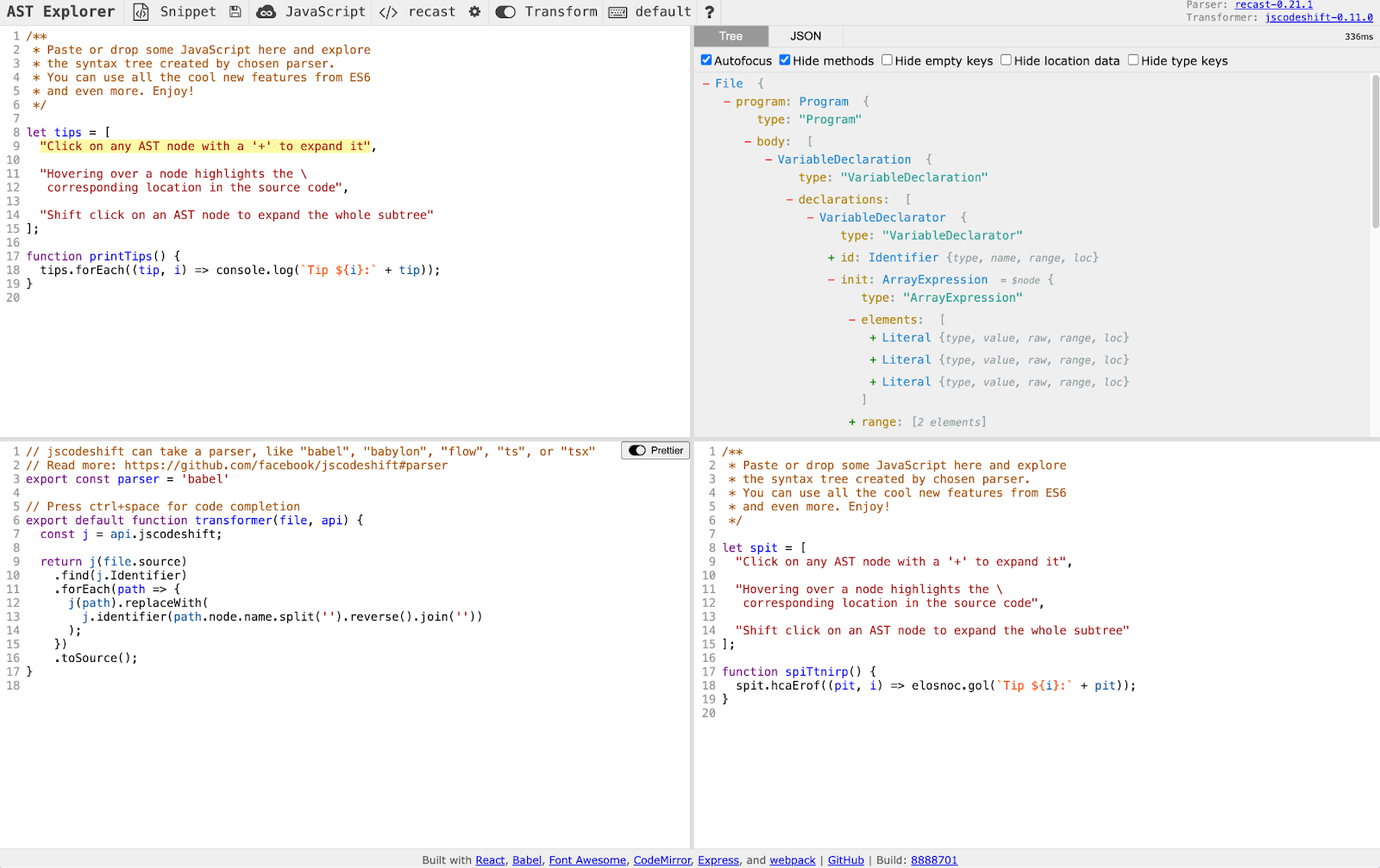 The AST explorer contains four panels. Top-left is the input code, top-right is the AST, bottom-left is the codemod and bottom-right is the output.