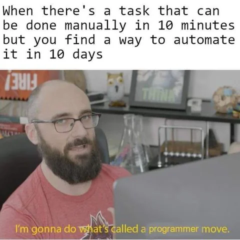 Meme. When there's a ask that can be done manually in 10 minutes but you find a way to automate it in 10 days. I'm gonna do what's called a programmer move.