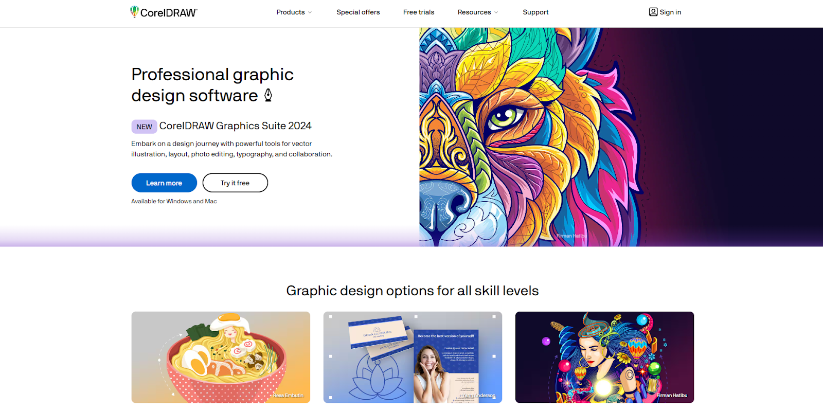 CorelDRAW’s homepage shows a colorful image of a wolf on its right with a headline on the left that says “Professional graphic design software,” followed by more text and two CTA buttons.