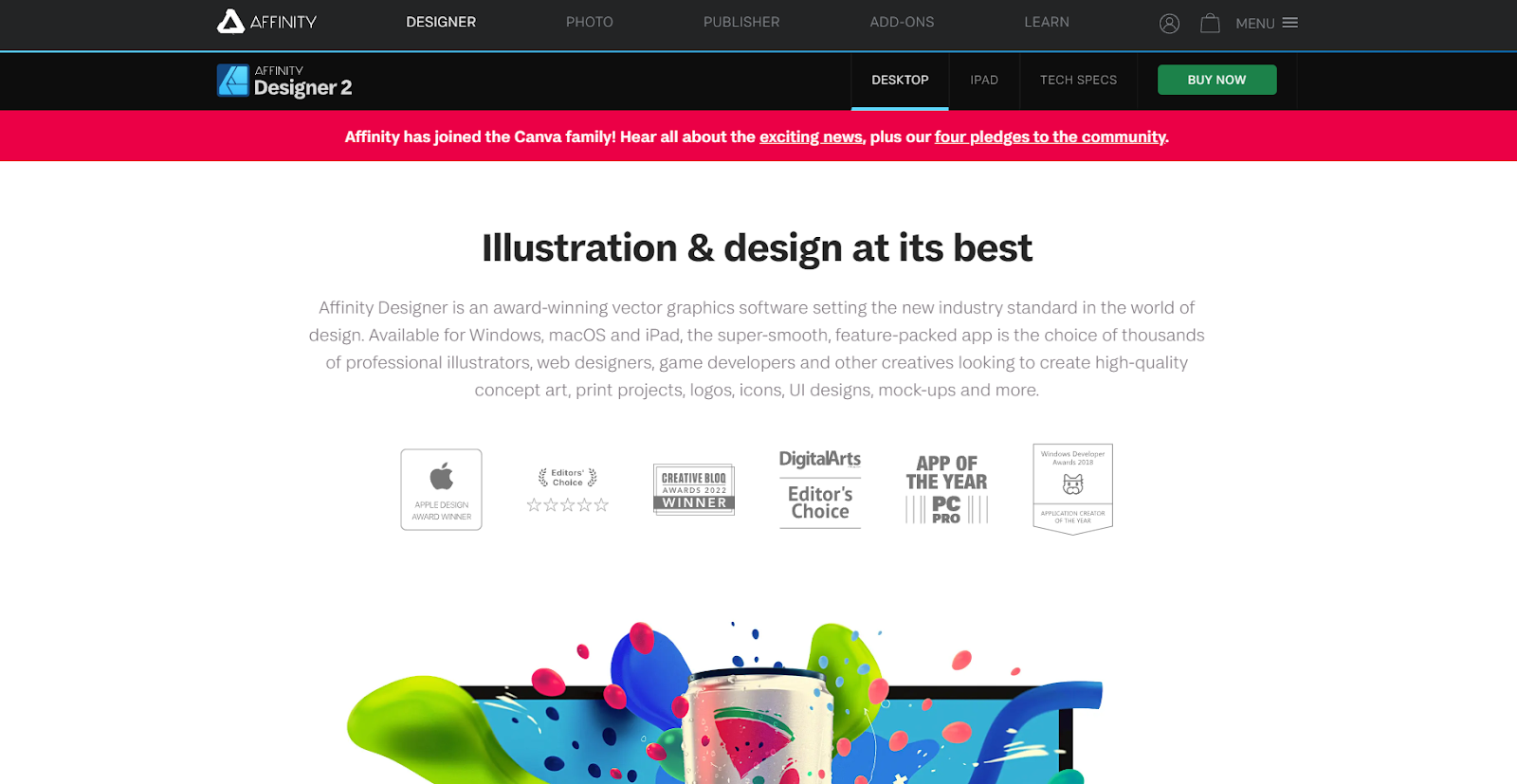 The Affinity homepage has a headline at the top that reads “Illustration & design at its best” followed by a block of text and six awards the software has earned.