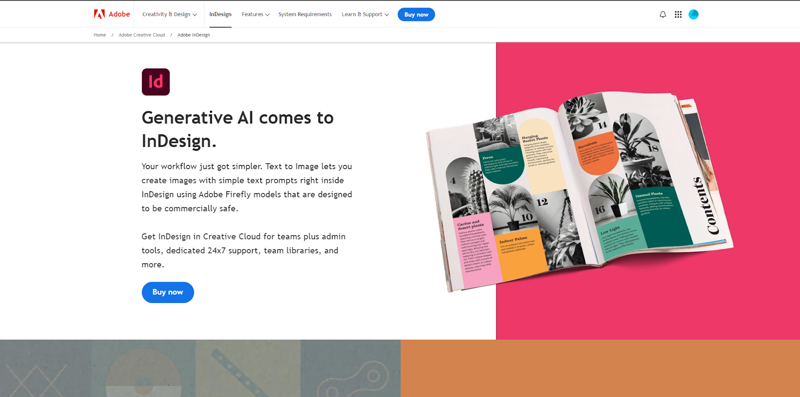 Adobe InDesign’s homepage shows an image of a print magazine on the right alongside a headline that reads “Generative AI comes to InDesign.”