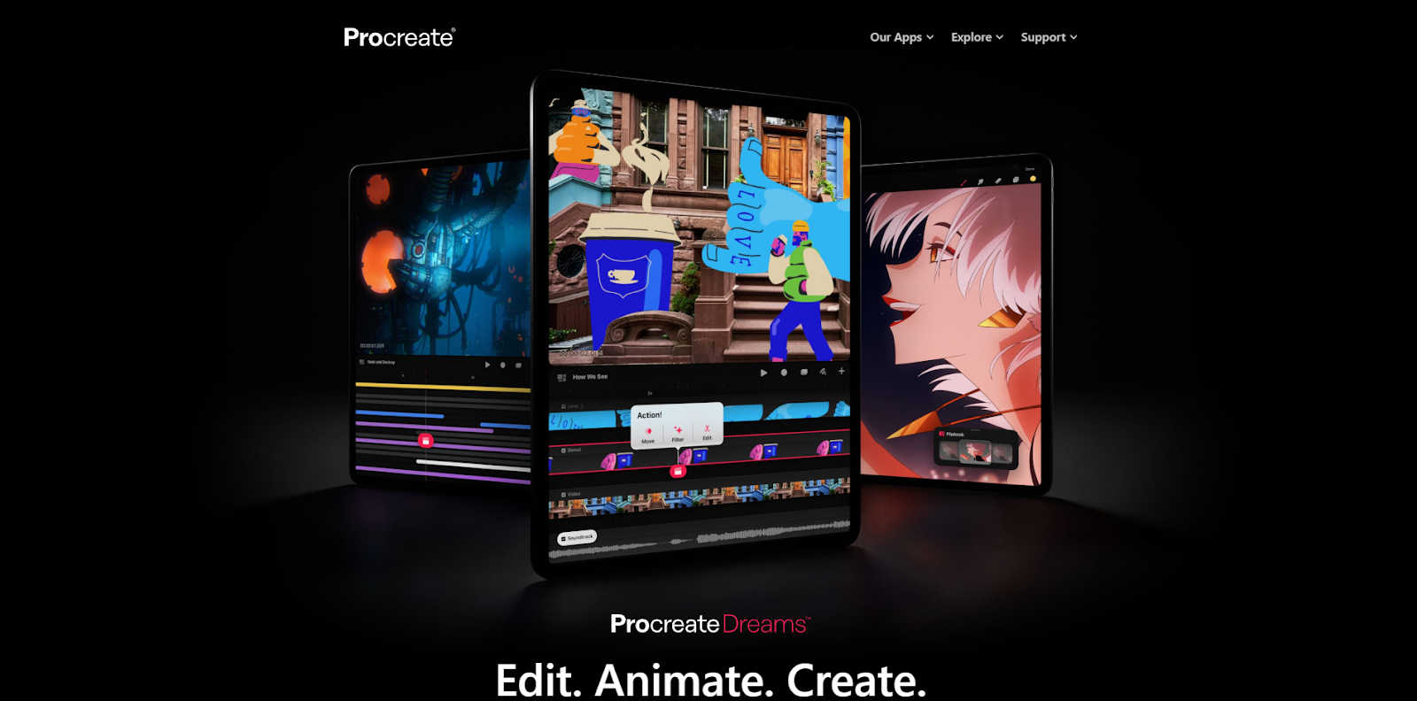 Procreate’s homepage features three iPads with the software appearing on their screens. The text below reads “Edit. Animate. Create.”
