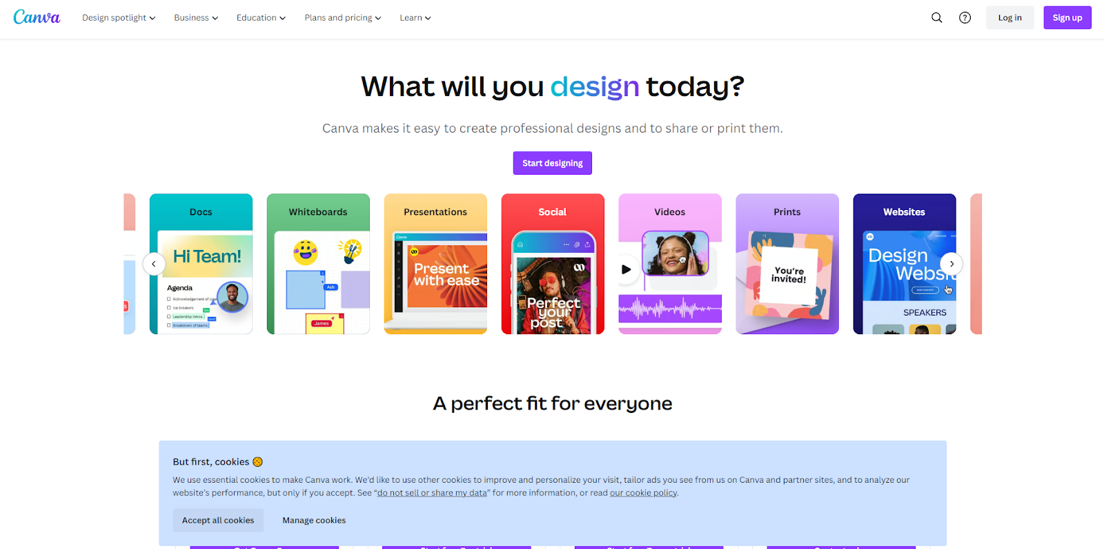 Canva’s homepage features a headline that reads “What will you design today?” followed by images that show examples of what can be created, such as videos, prints, and presentations.