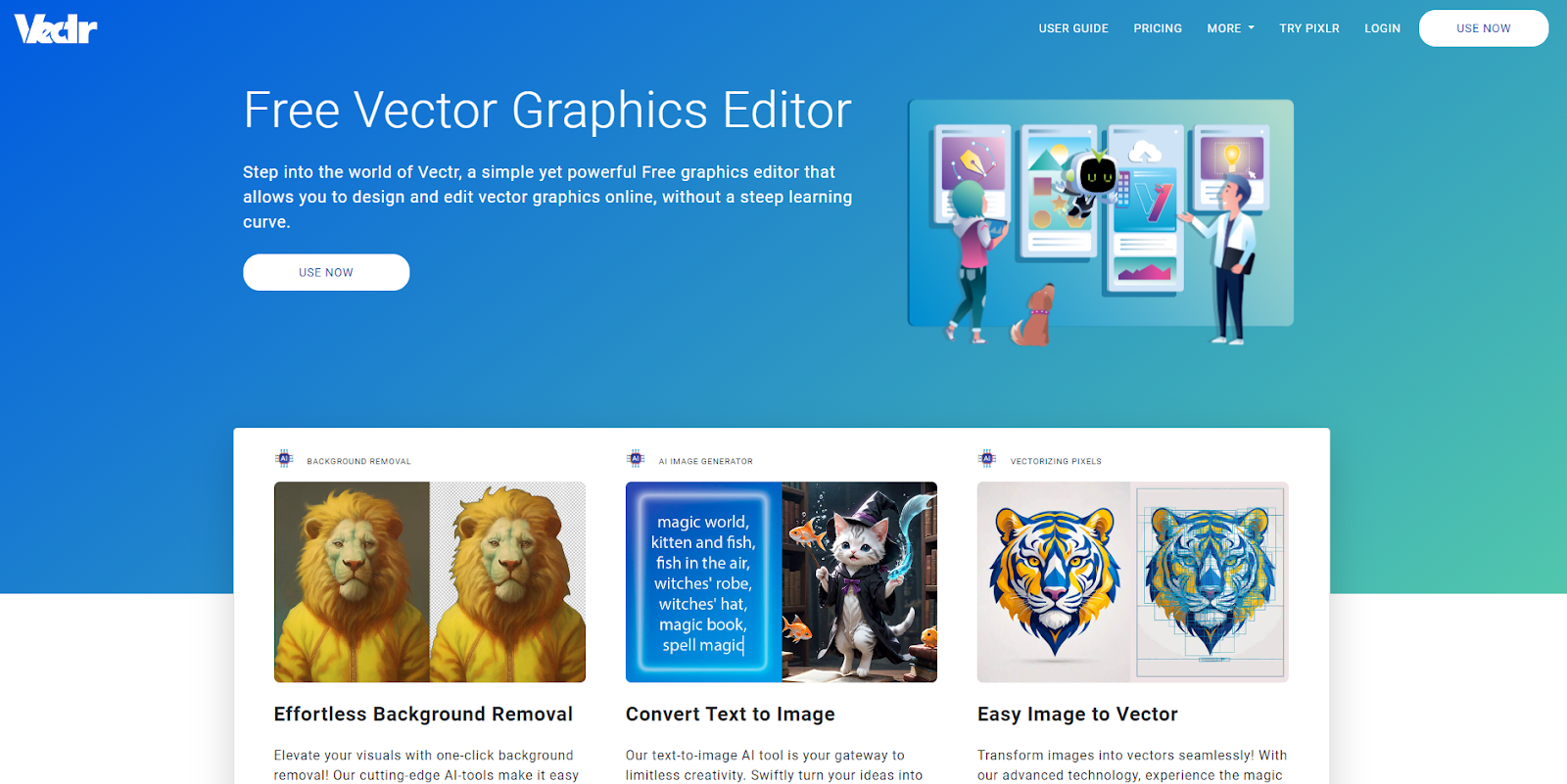 Vectr’s homepage uses a bright blue-green background with the headline “Free Vector Graphics Editor,” followed by images demonstrating some of its features.