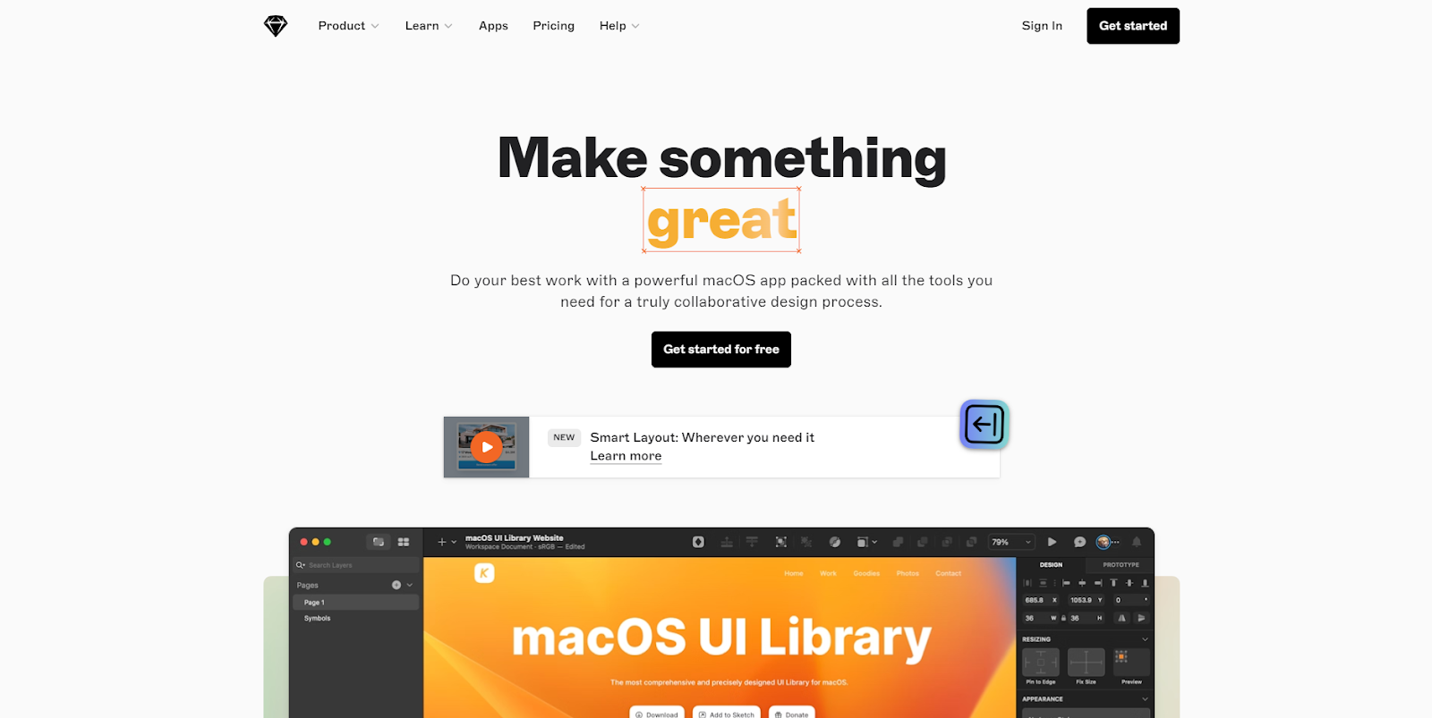 Sketch’s homepage has a headline at the top that says “Make something great.” Below it is an image of the user interface.