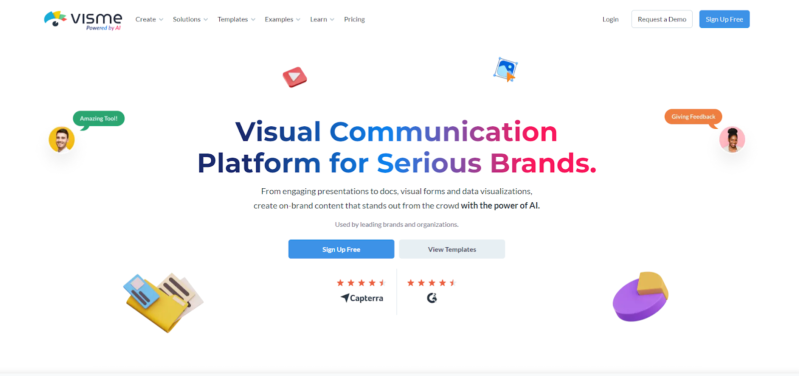 Visme’s homepage has a headline that reads “Visual Communication Platform for Serious Brands.” Around it are numerous icons, such as a pie chart and play button.