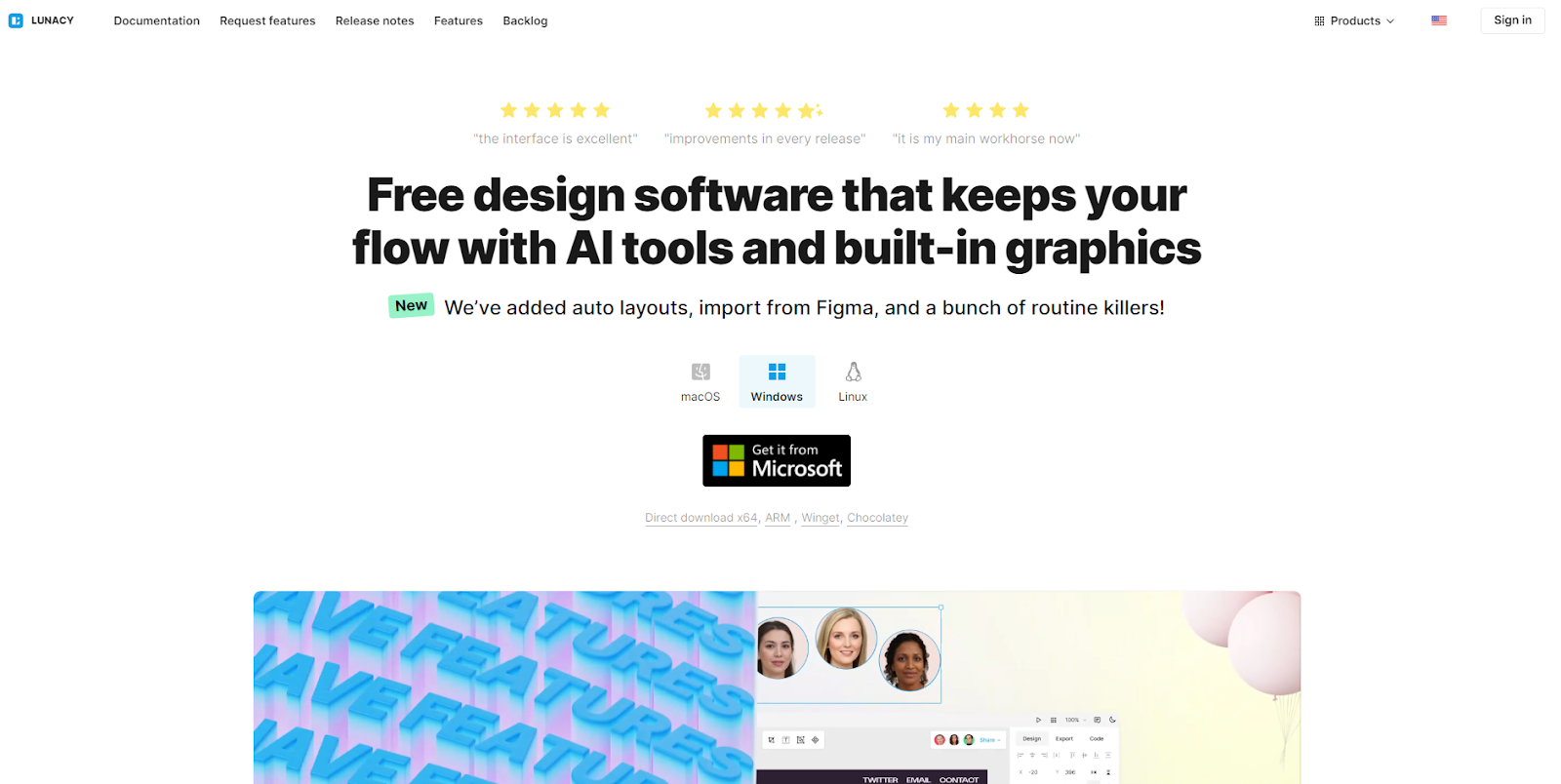 The Lunacy homepage displays a headline that reads “Free design software that keeps your flow with AI tools and built-in graphics.” Below that are selectable images for operating systems and a download button.