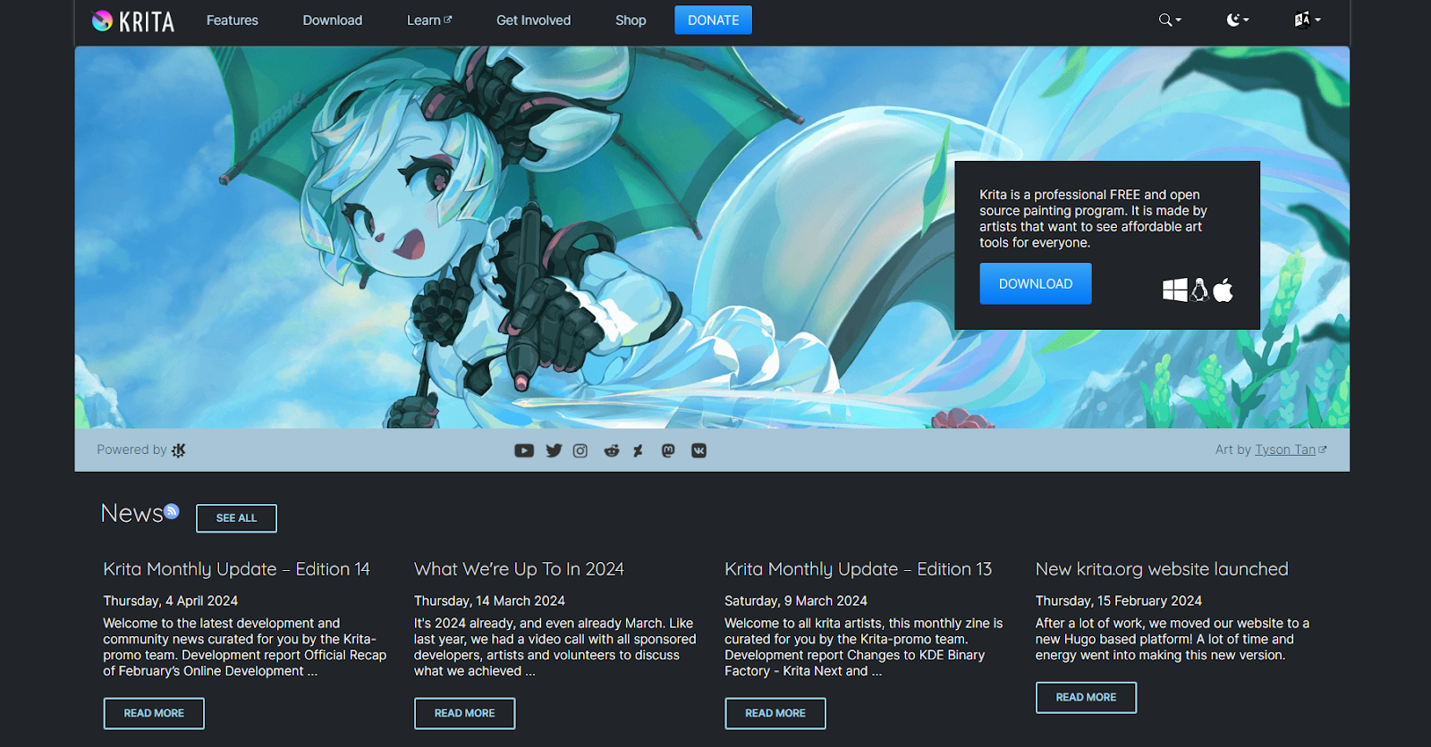 Krita’s homepage has a banner at the top with the image of an anime character next to a download button.