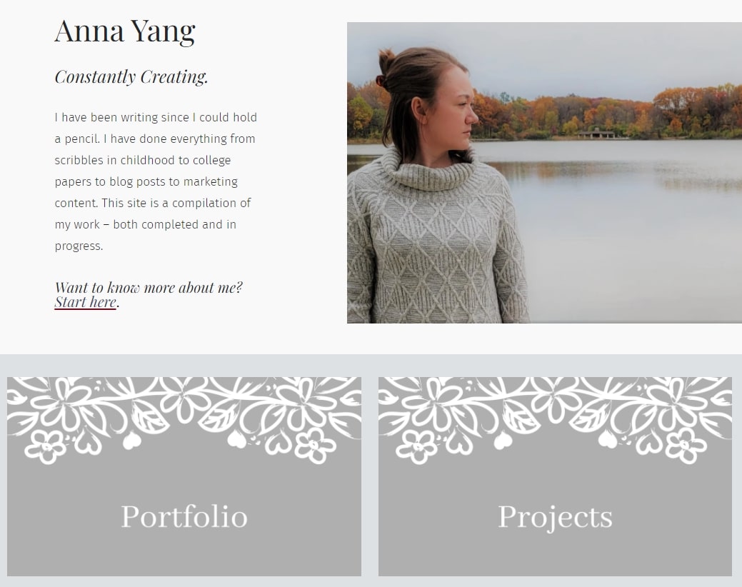 A view of Anna Yang's updated Webflow site. Here she shows off her "about" section.i