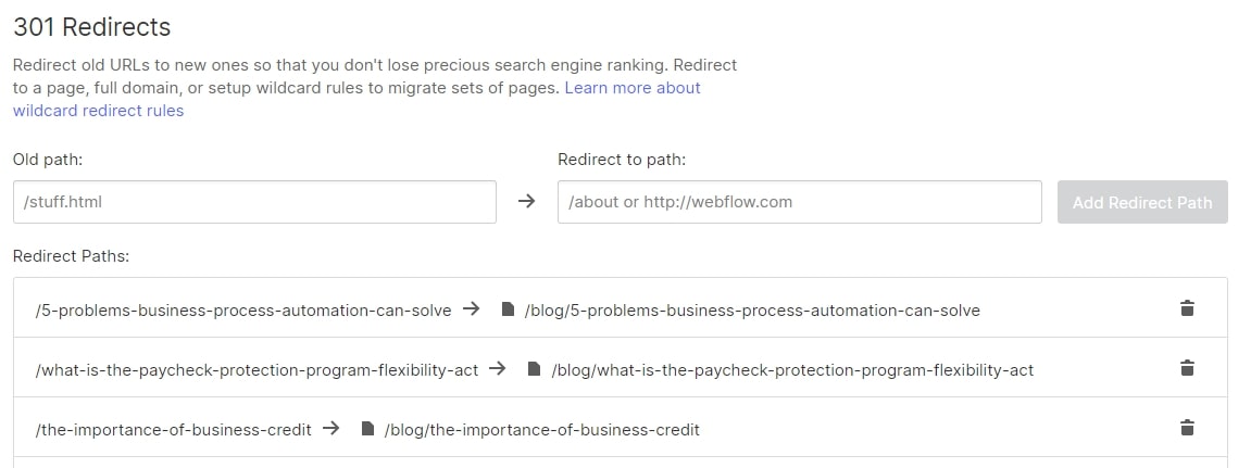 A view of Anna redirecting old URLs to her new Webflow site.