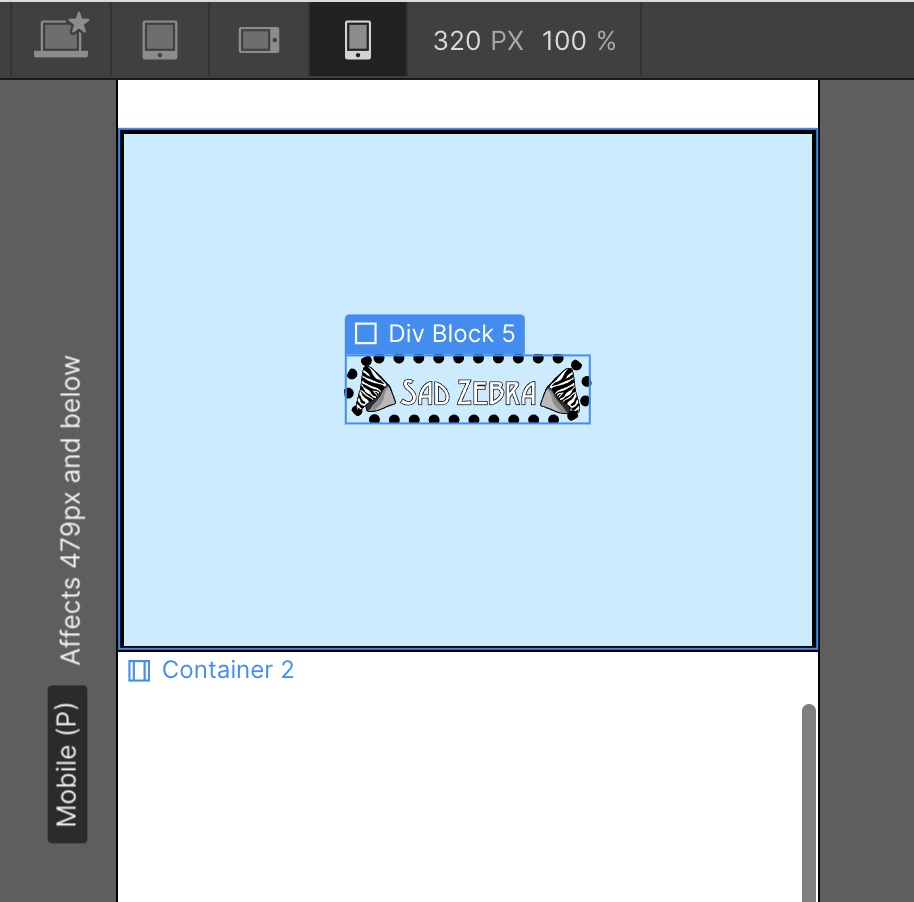 A div block highlighting a logo for "sad zebra" and how it would appear on mobile devices using the Webflow Designer.