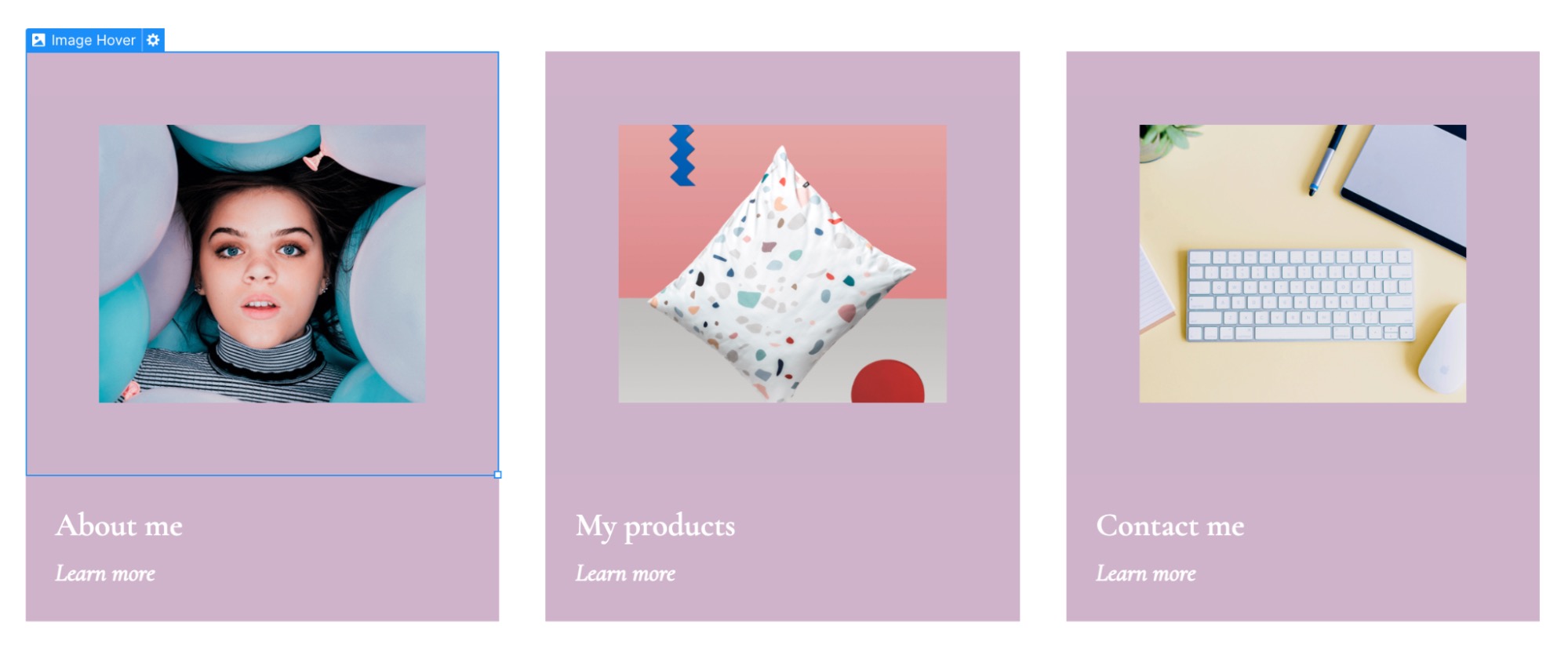 A cushion designer's website displaying intro text, a "learn more" button, and three clickable intro boxes: about me, my products, and contact me. In this version, there is padding around each image displayed in each intro box.