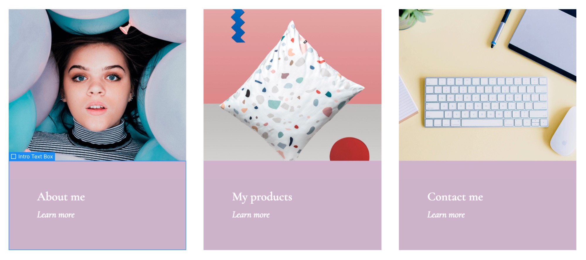 A cushion designer's website displaying intro text, a "learn more" button, and three clickable intro boxes: about me, my products, and contact me. In this version, the padding is larger where the text appears at the bottom of each image block.