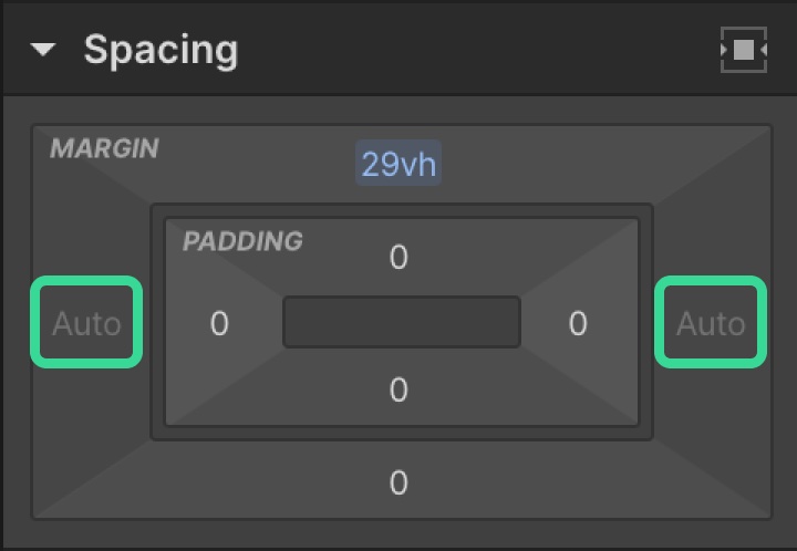 A snapshot of the spacing controls in the Webflow Designer set to "auto" for margins.