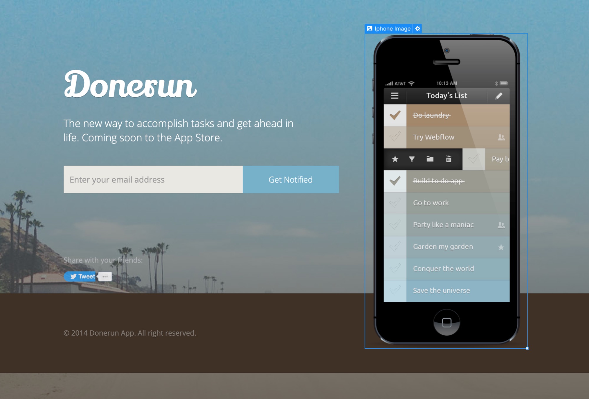 An image of iPhone on a website homepage displayed beside the fictional company name, "Donerun." The iPhone image is highlighted to display the margin width with the image layered over the bottom solid brown site footer.