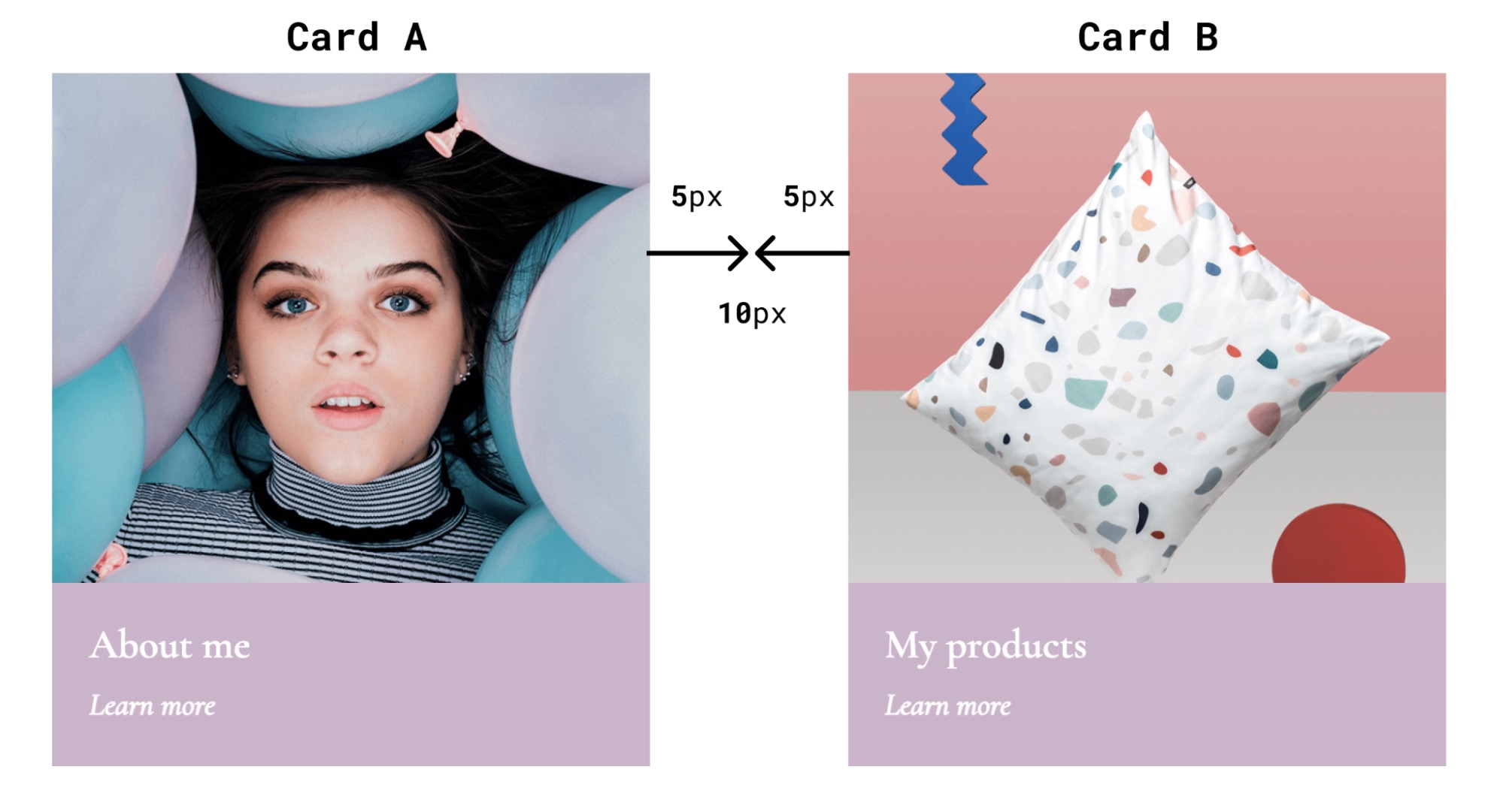 A cushion designer's website displaying intro text, a "learn more" button, and two clickable intro boxes: about me and my products. In this version, the two intro boxes have 10px of white pace between them.