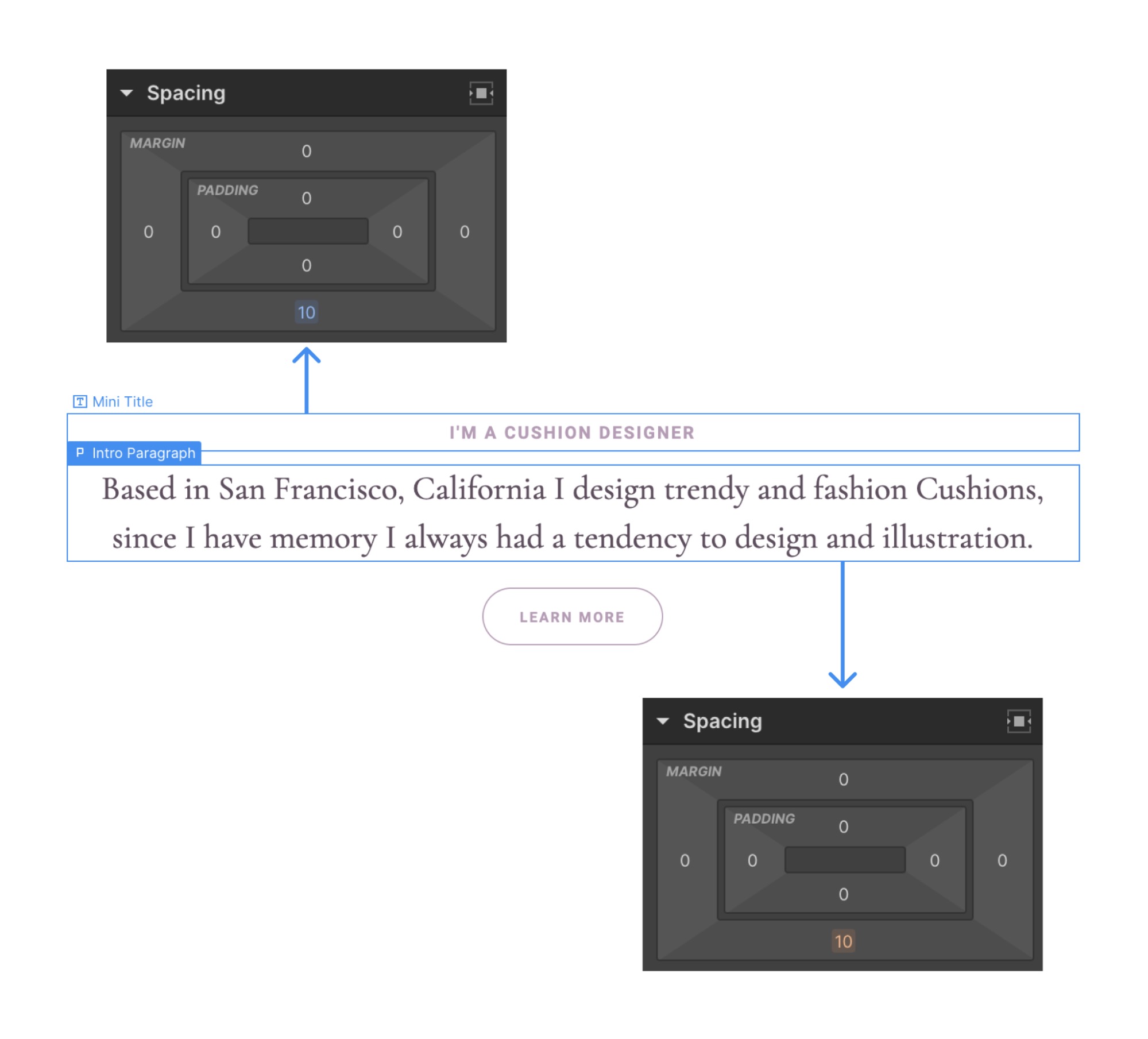 A snapshot of the spacing controls in the Webflow Designer being used to add ten pixels of padding above and below hero title text.