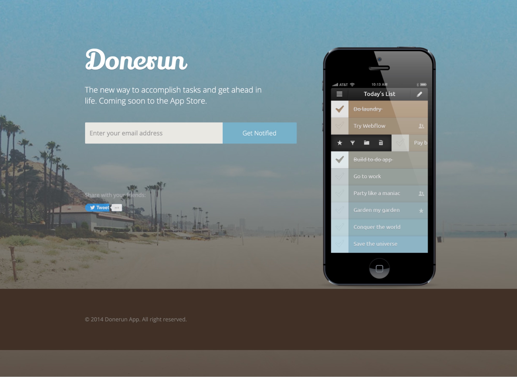 An image of iPhone on a website homepage displayed beside the fictional company name, "Donerun." The iPhone image is highlighted to display negative margins, disabling the image to display over the browns site footer.