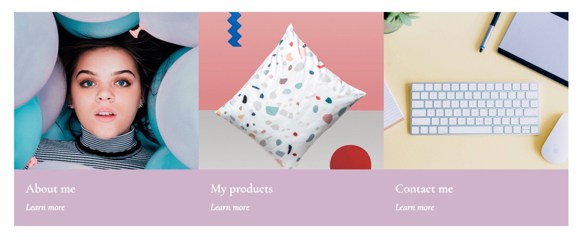 A cushion designer's website displaying intro text, a "learn more" button, and three clickable intro boxes: about me, my products, and contact me. In this version, the three intro boxes are all connected.