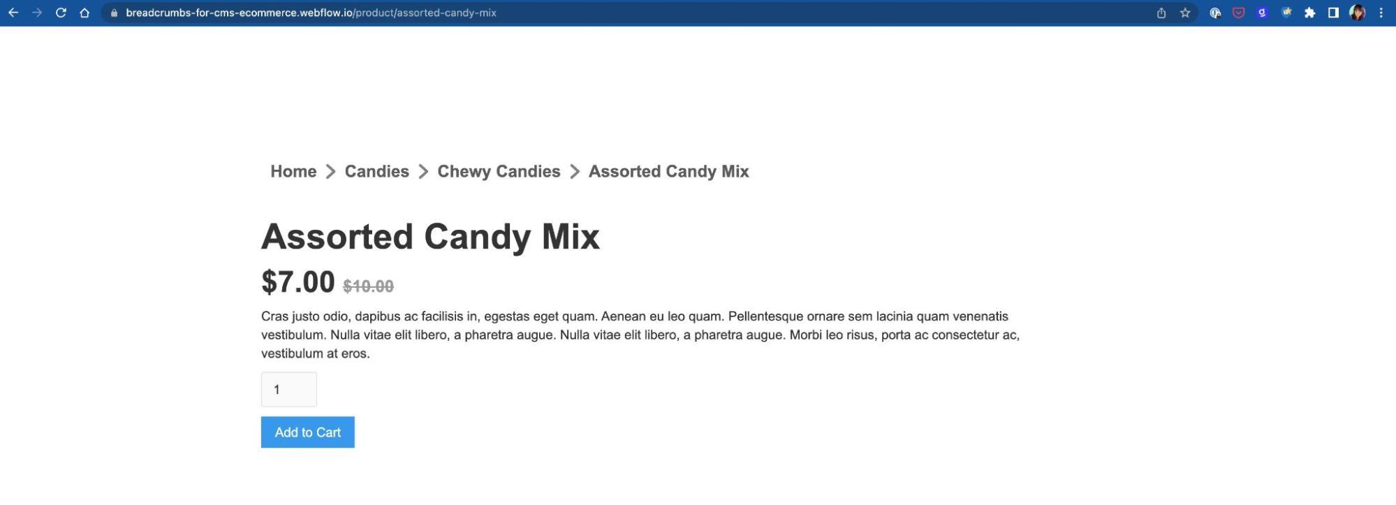 An example of a breadcrumb menu leading you to Assorted Candy Mix on an eCommerce site.
