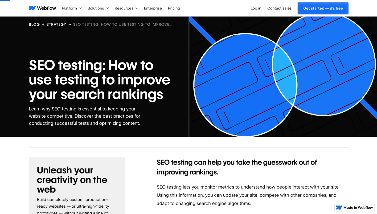 A screenshot of Webflow’s blog article, "SEO testing: How to use testing to improve your search rankings,” showing a title tag, H1, and subheading.