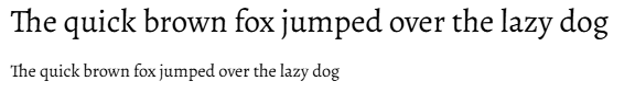 A screenshot of the sentence “The quick brown fox jumped over the lazy dog” in Alegreya font, as a heading and as body text.