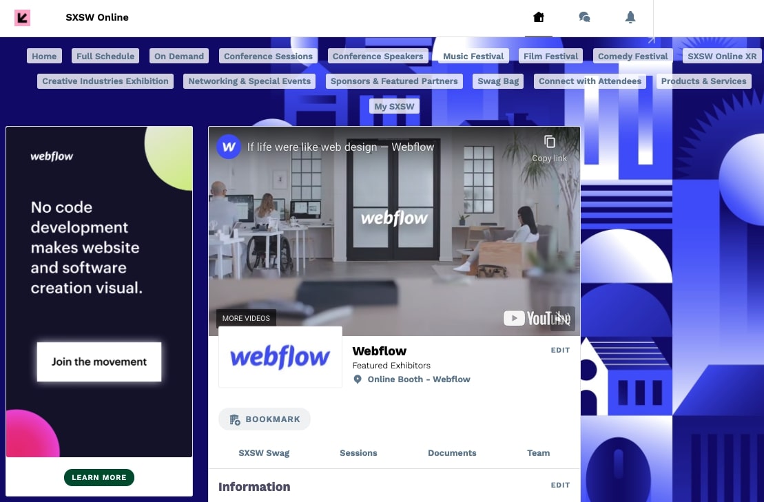 An image of Webflow at SXSW Online 2021.