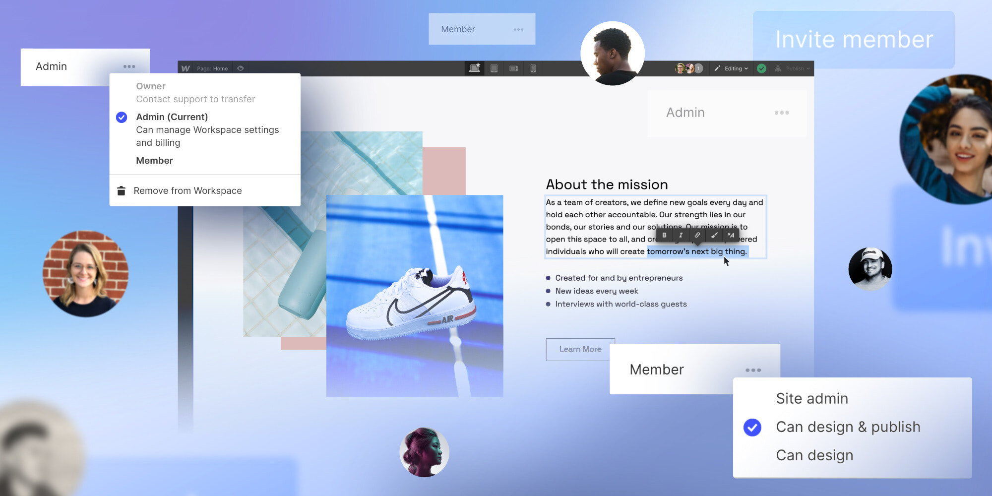 An image of the updated collaboration features in Webflow.