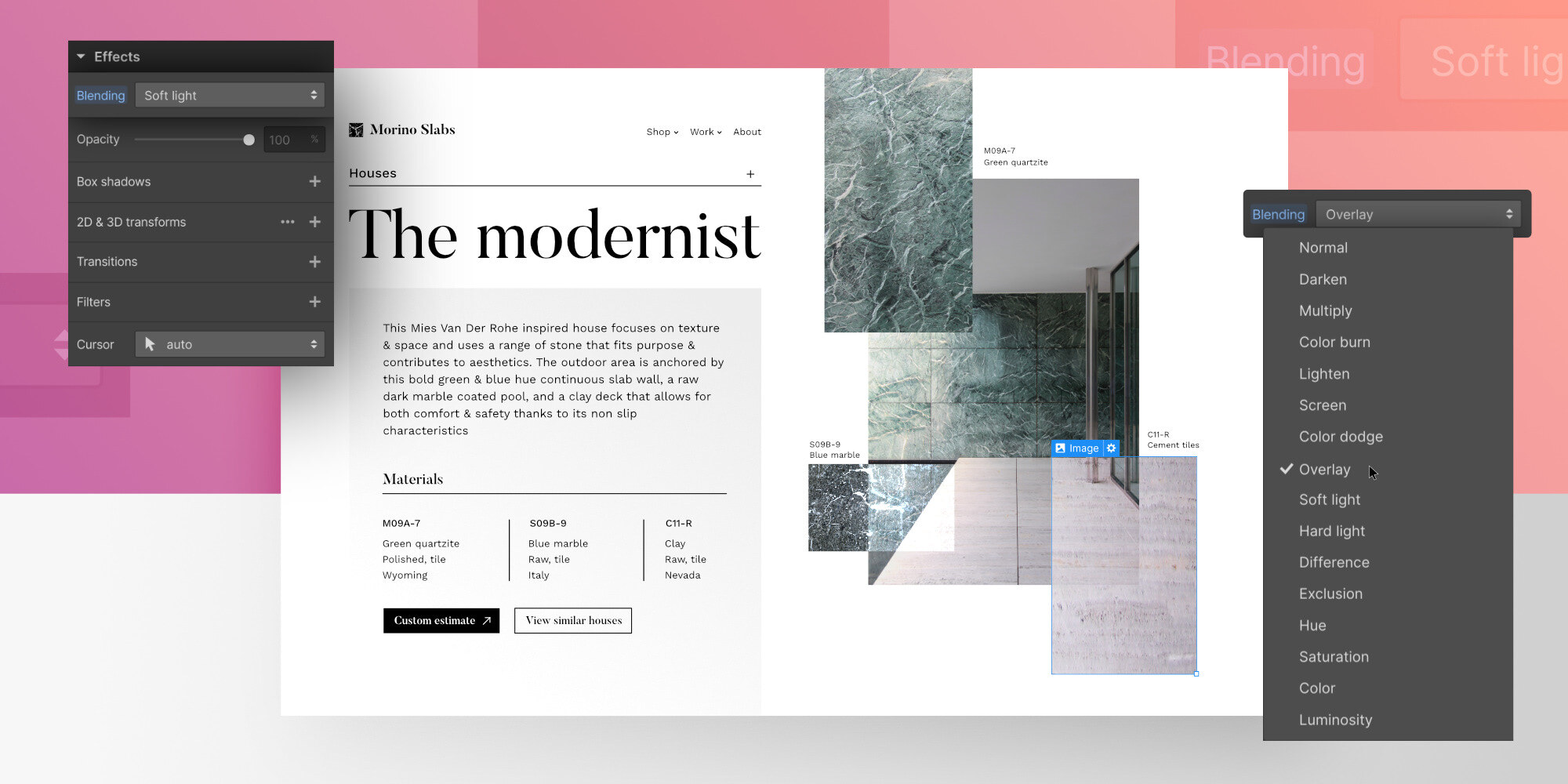 An image of the new blending modes feature in Webflow.