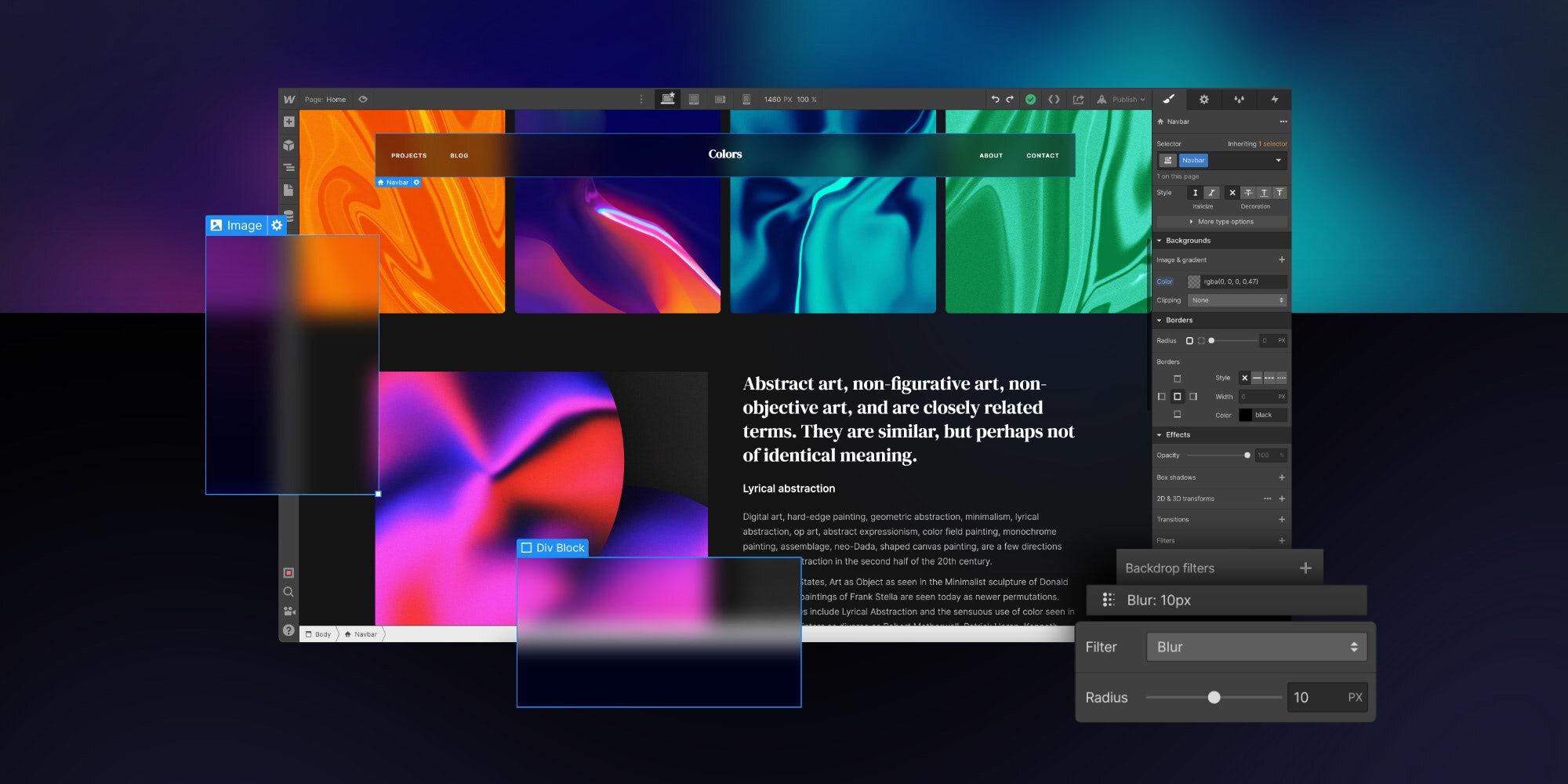An image of the backdrop filters feature in Webflow.