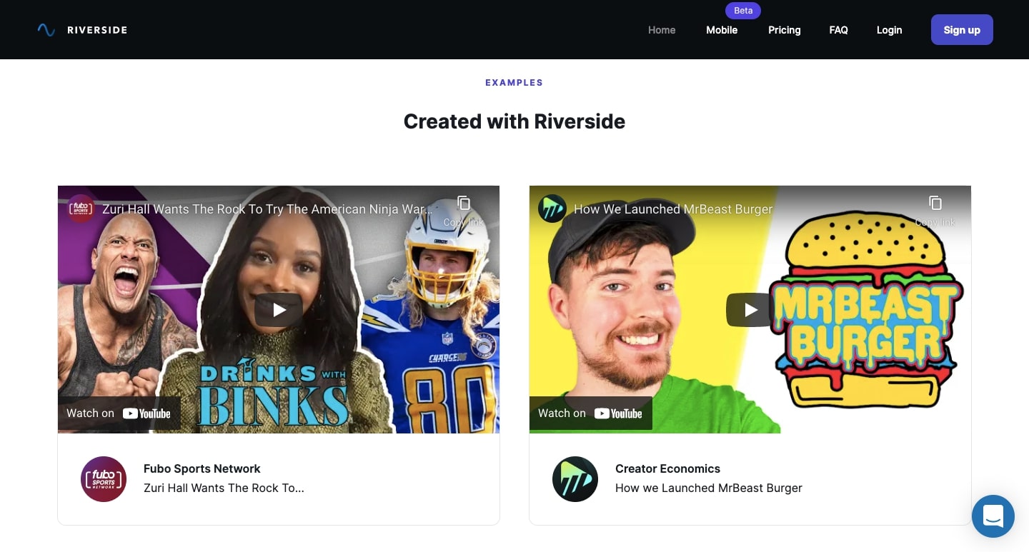 The "Created with Riverside section on the site. 