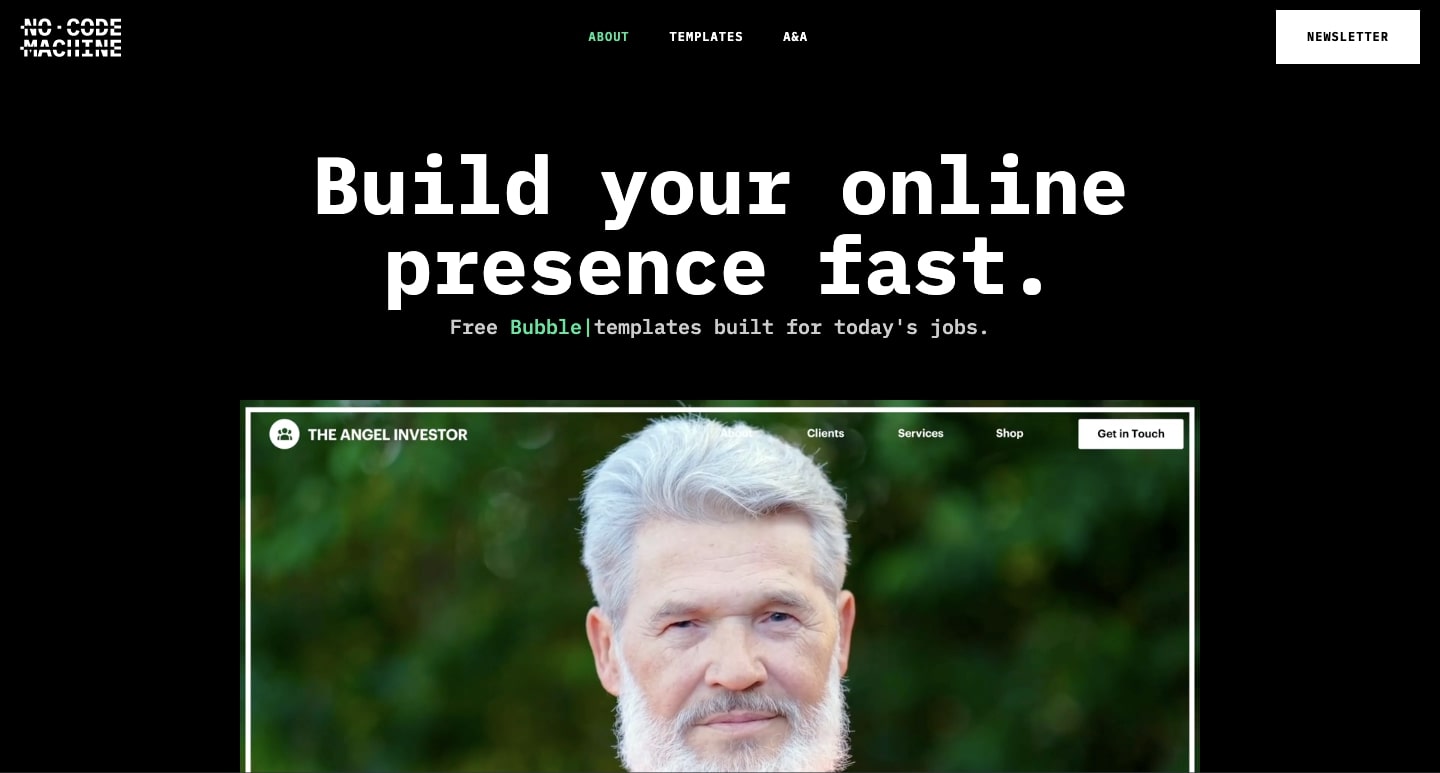 An image of the No Code Machine home page with their tagline; "Build your online presence fast."