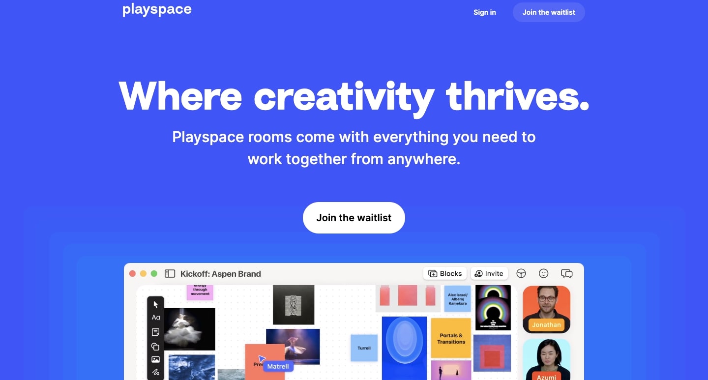 The Playspace home page. Their main value prop "Where creativity thrives." is showcased prominently.