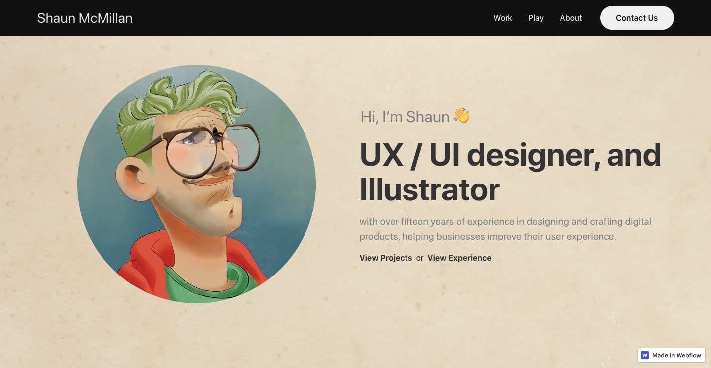 An image of Shaun McMillan's portfolio website.