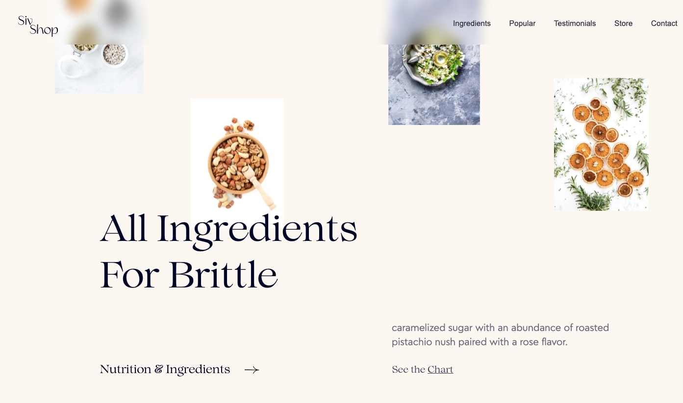Screenshot of candy brittle template showing different products