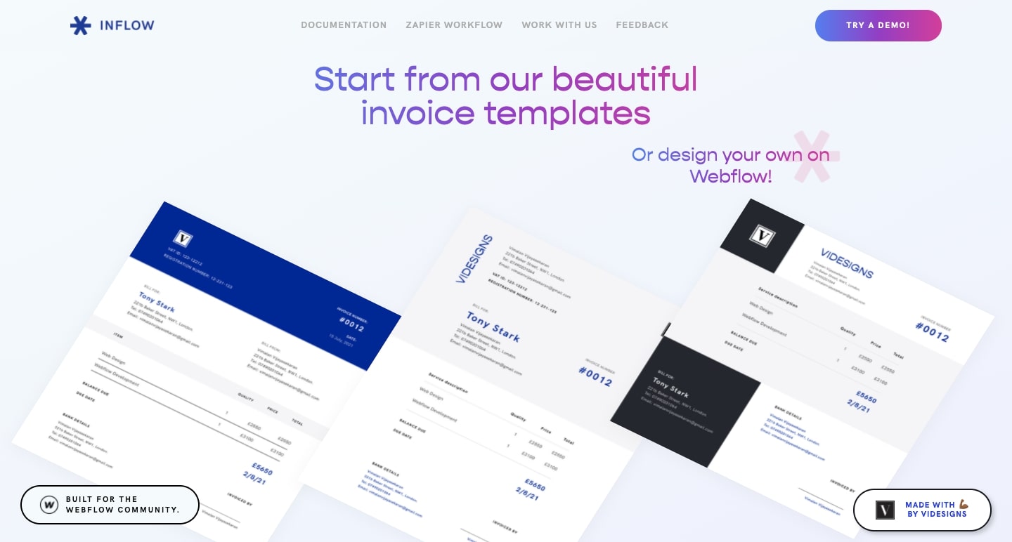Inflow homepage showing pre-made invoice templates