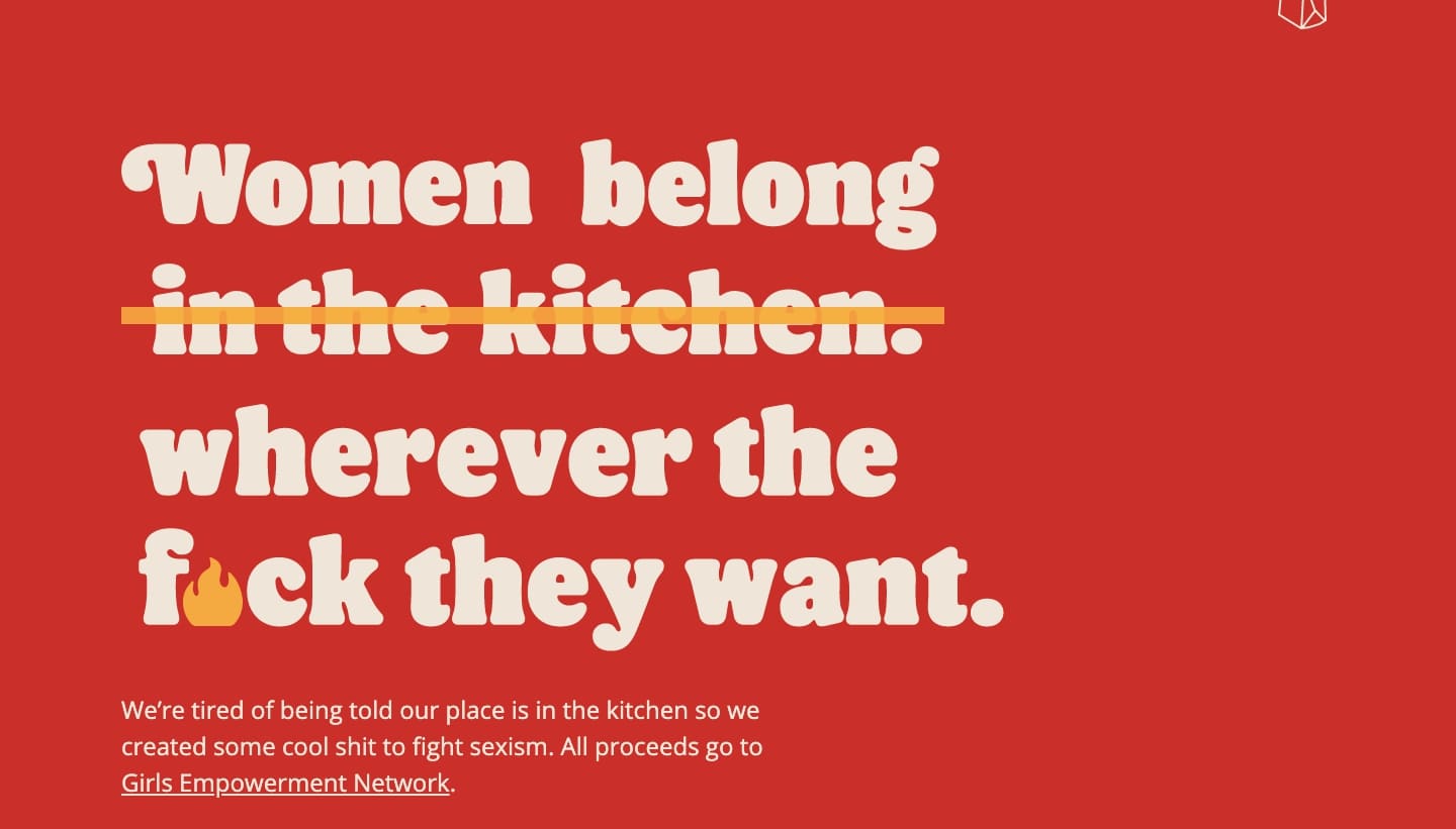 Screenshot of the Burger Queen website showing the phrase "Women belong wherever the f*ck they want"