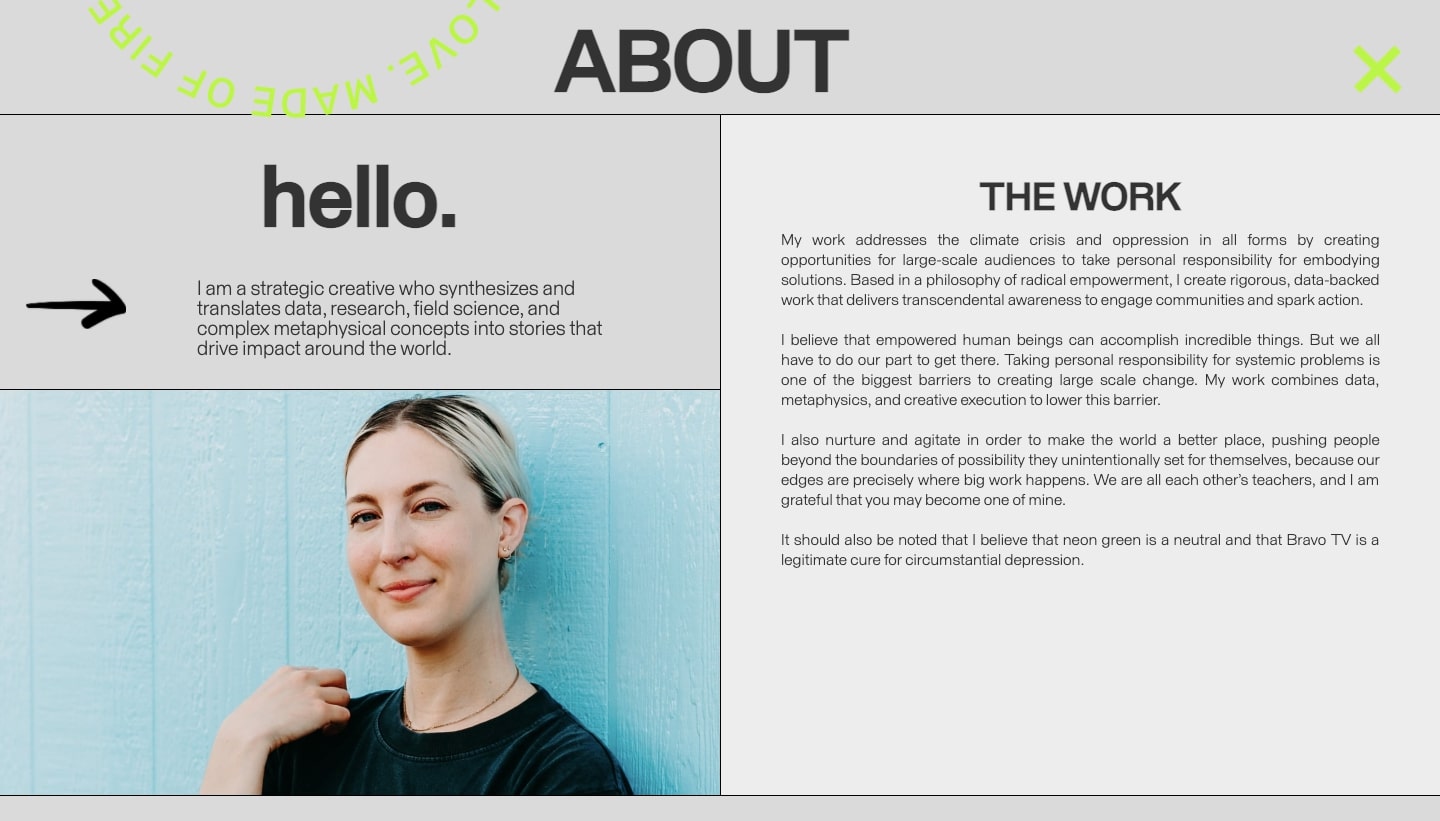 An image of Sarah Lupton's about page on her portfolio website.
